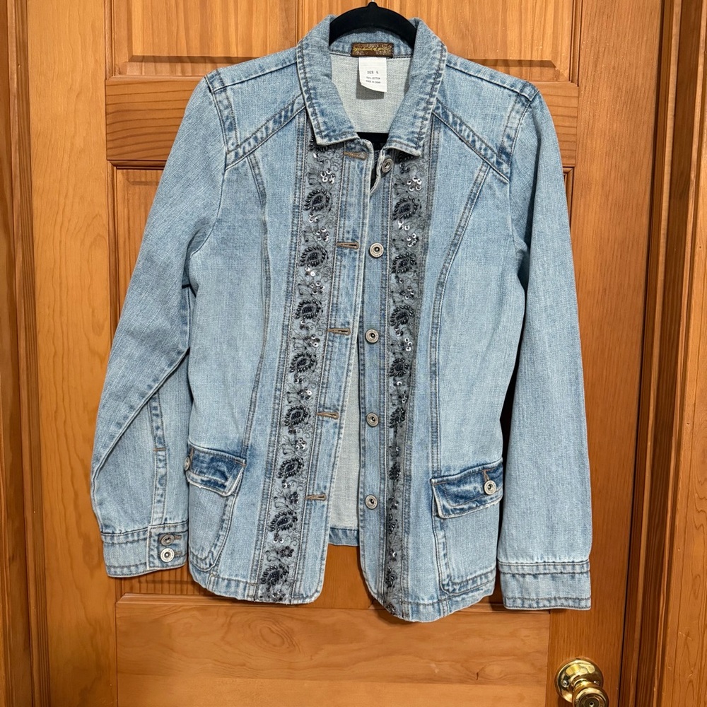 Department of Peace Embroidered Beaded Sequin Denim Jacket Large